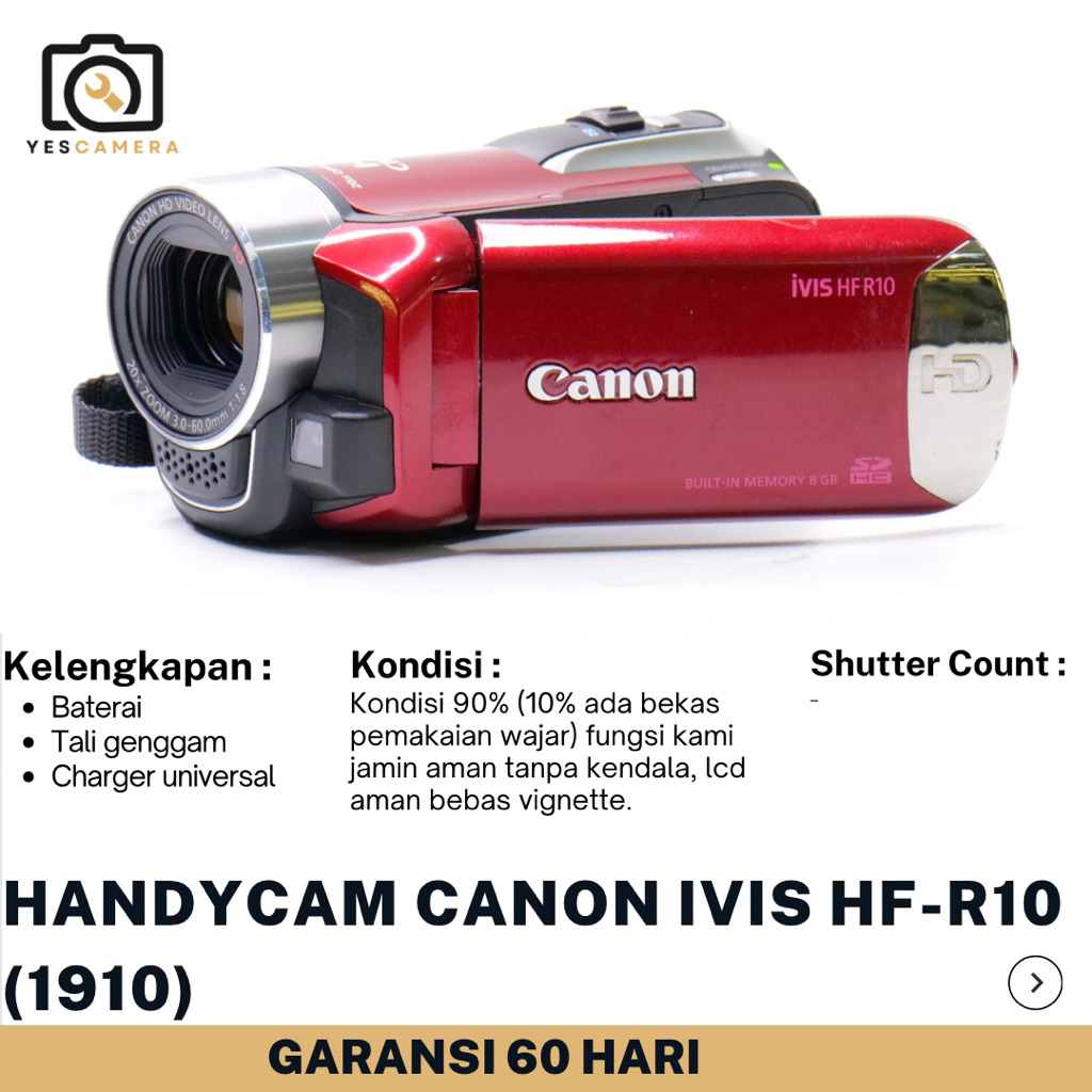 Handycam Canon Ivis HF - R10 (Bekas) - 2,39MP ,Zoom Optik 20x, Zoom Digital 400x, Video Full HD - Un