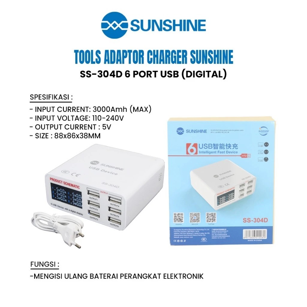 TOOL ADAPTOR CHARGER SUNSHINE SS-304D 6 PORT USB DIGITAL/ SS304D