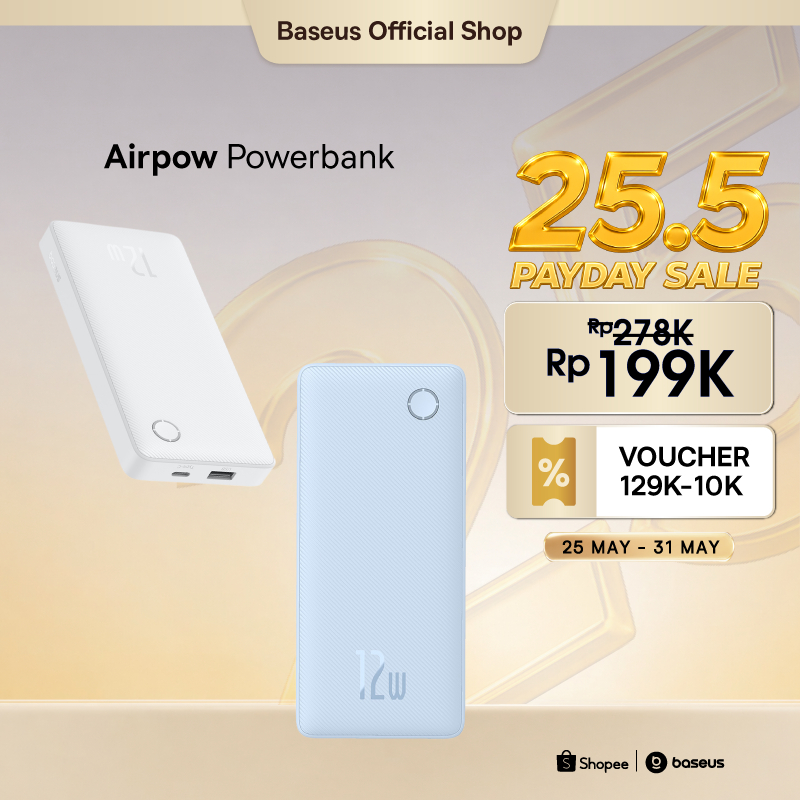 Baseus Power Bank Airpow 10000mAh Fast Charging 3A 12W Cable USB to Type-C Powerbank