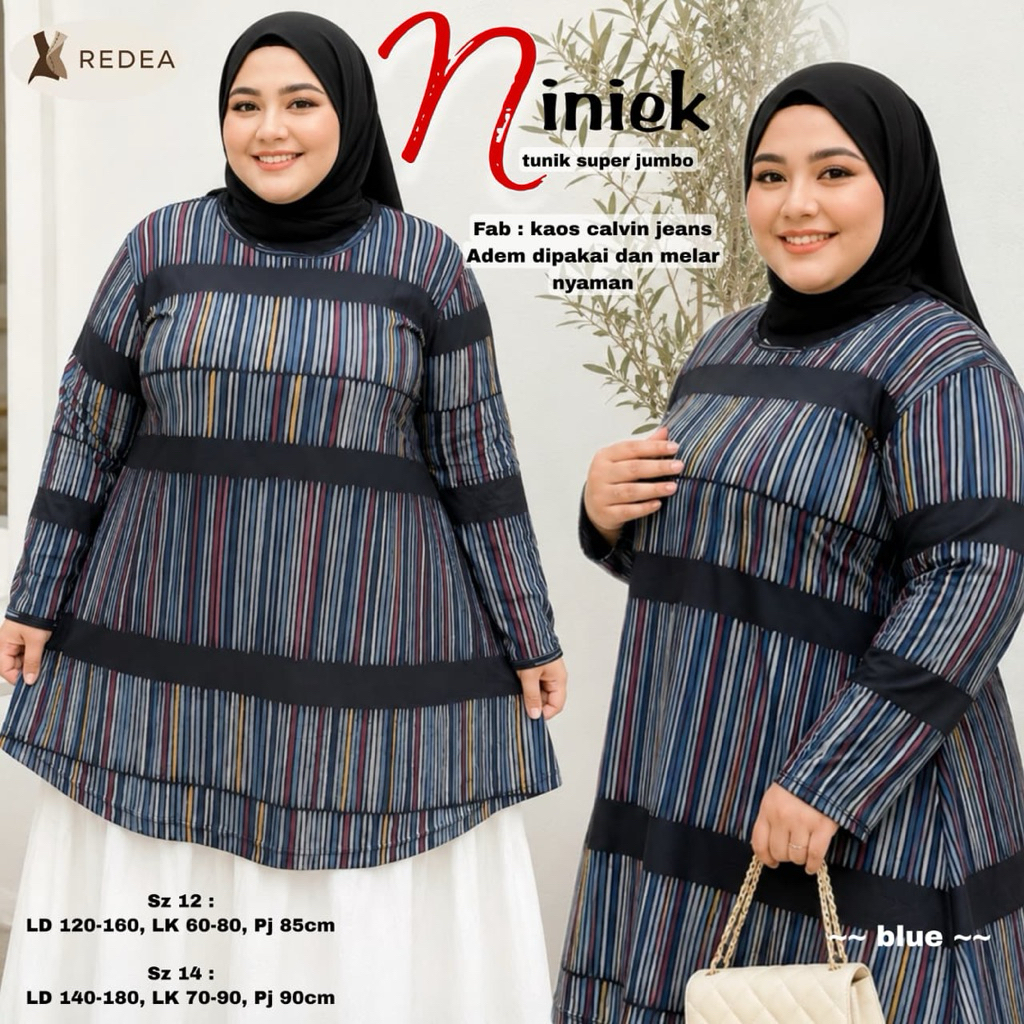 Atasan Wanita Legan Panjang Niniek Jumbo Tunik Bahan Kaos Calvin Jeans Motif Garis LD120 140n