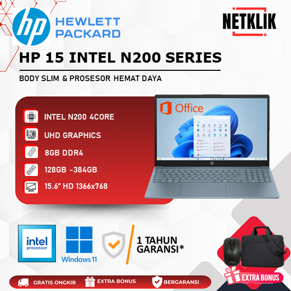 PROMO Laptop HP 15 N200 RAM 8GB 384GB 15.6 HD WIN11 Home Blue Baru