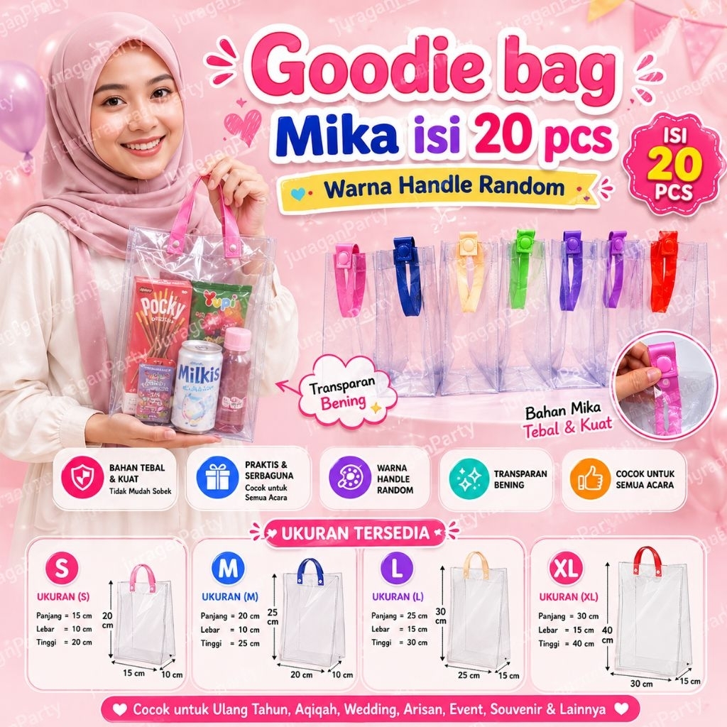 (isi 20 pcs)Goodie bag Mika Transparan,Goodie bag Tenteng mika Transparan,Tas Transparan,Tas Souveni