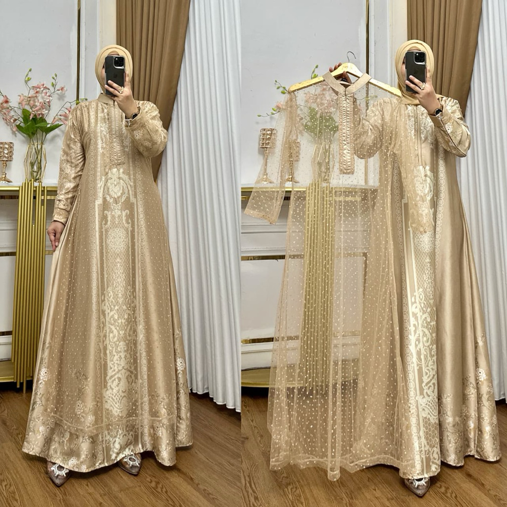 YR - Anaya Dress Armani Silk Printing / Gamis Mewah Armani Mix Cantili / Gamis Cantik Favorite