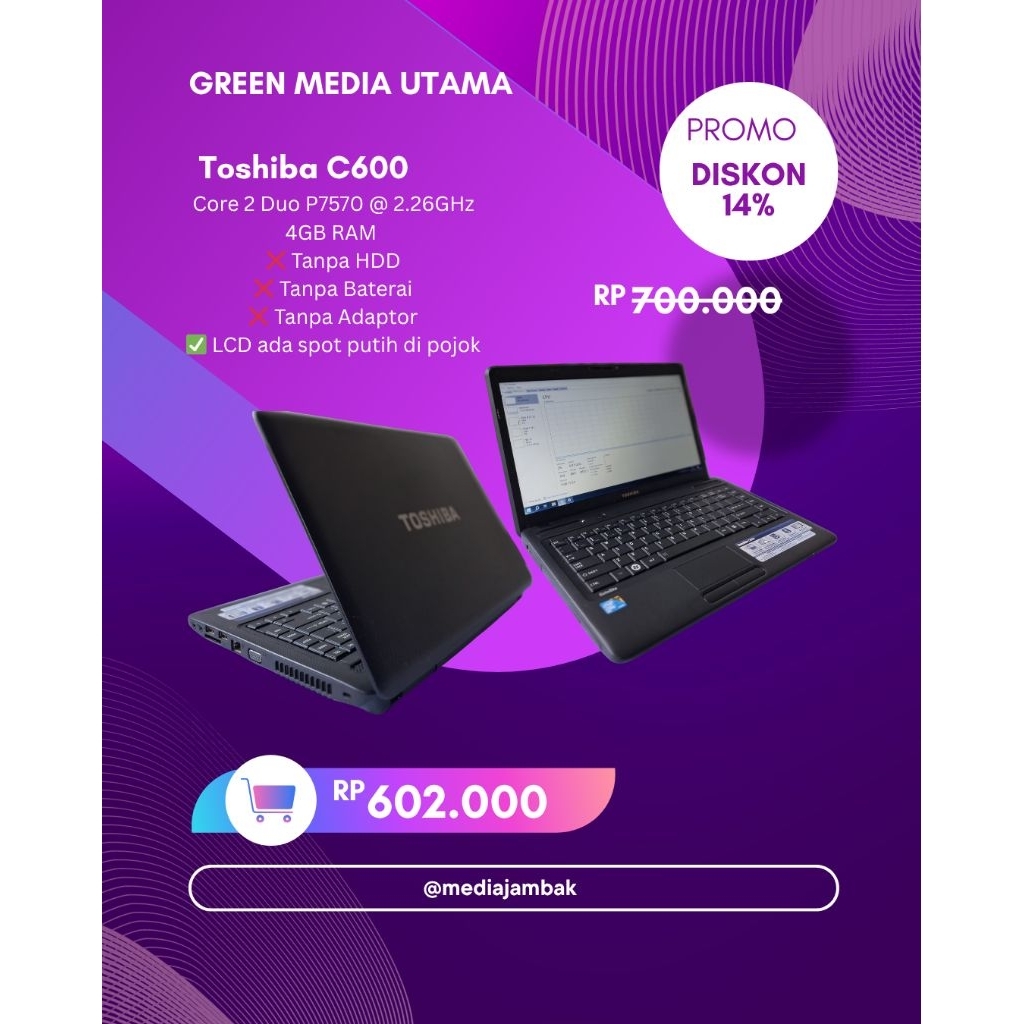 Laptop Toshiba C600 RAM 4GB Tanpa HDD Jual Minus