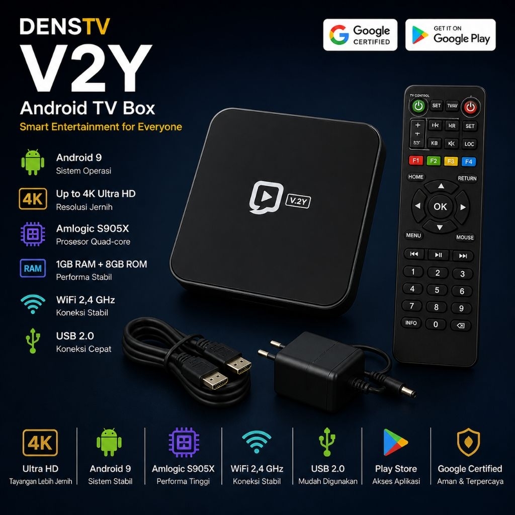 STB ANDROID BOX DENSTV V2Y UNLOCK FULLSET SIAP PAKAI