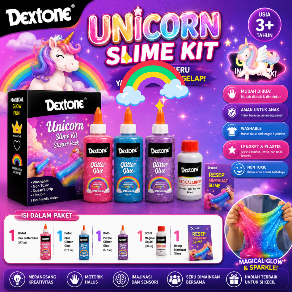DEXTONE UNICORN GLITTER SLIME KIT STARTER SET PINK BIRU UNGU PACK ANAK COWOK CEWEK Aman Anak-Anak BI