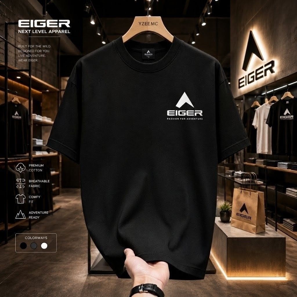 Kaos Eiger Pria Warna Hitam | Logo Minimalis Katun Premium