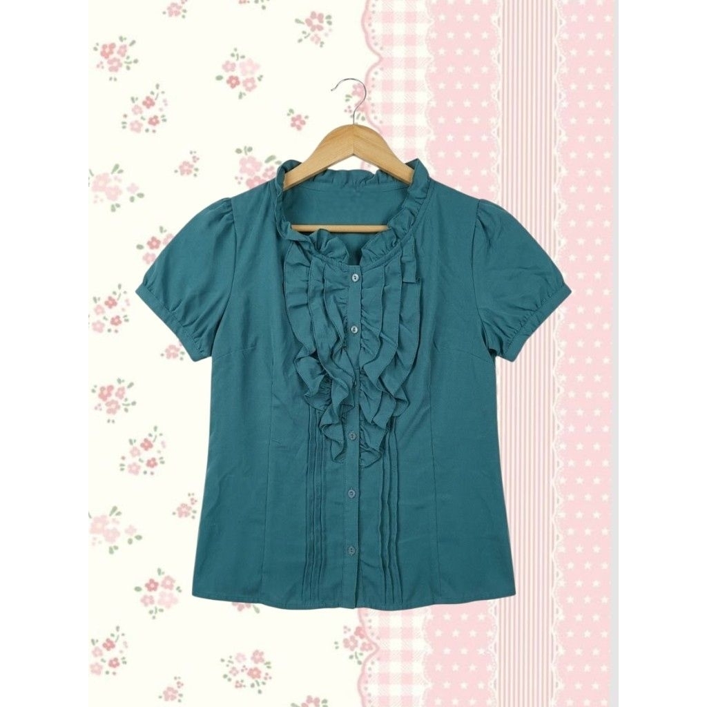 Kawai Ruffle Emerald Green Puffy Hand Shirt Shoujo Sawako Style CDS basic