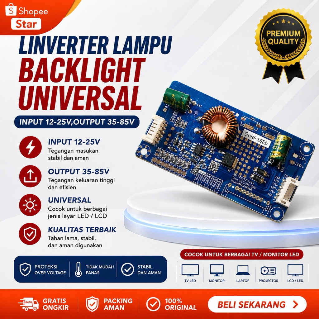 Inverter LED Backlight Universal dengan Input 12-25V, Output 35-85V