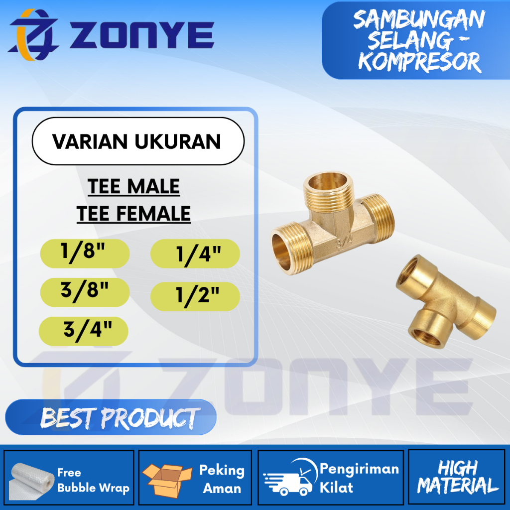TEE Kuningan Drat Luar - Drat Dalam - Sambungan Konektor Adaptor Kompresor