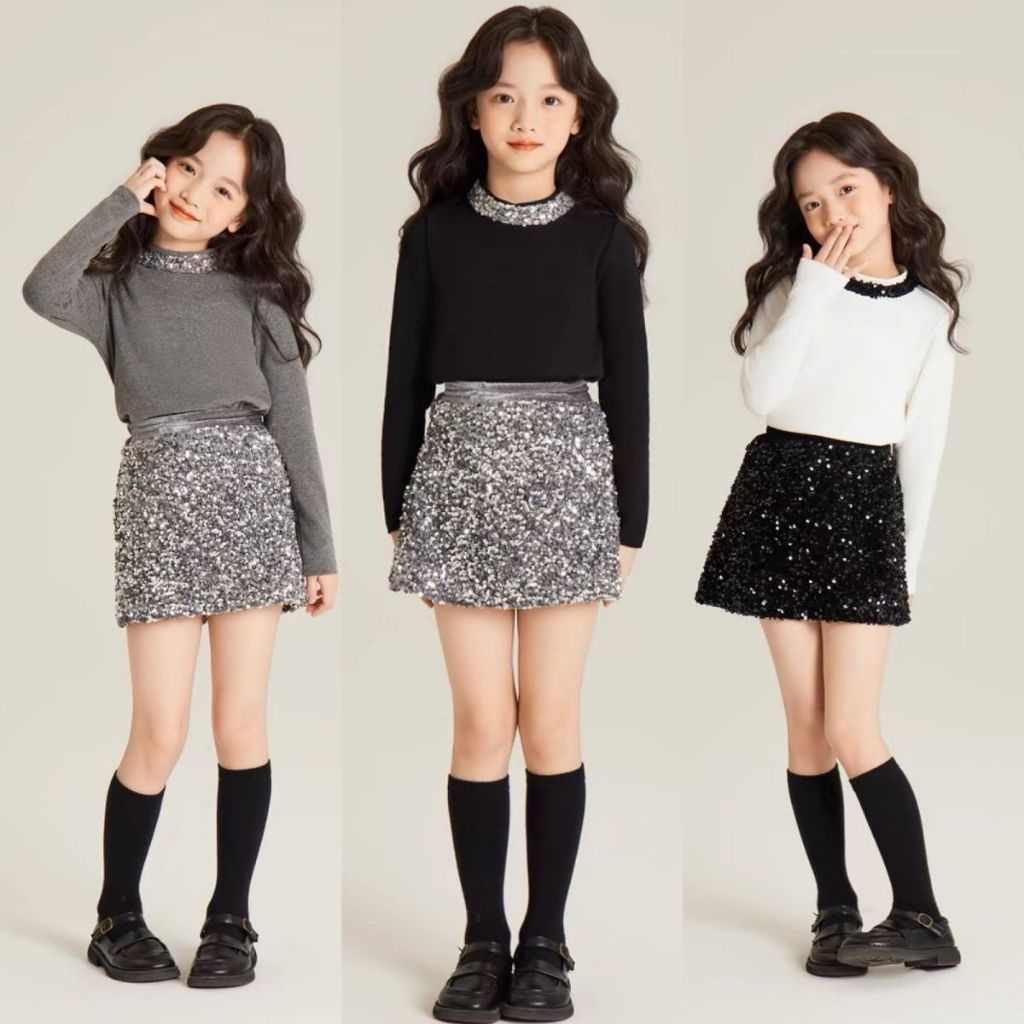 rok anak perempuan keren korean fashion skirt squin hitam abu silver dance sequin black mengkilat bl