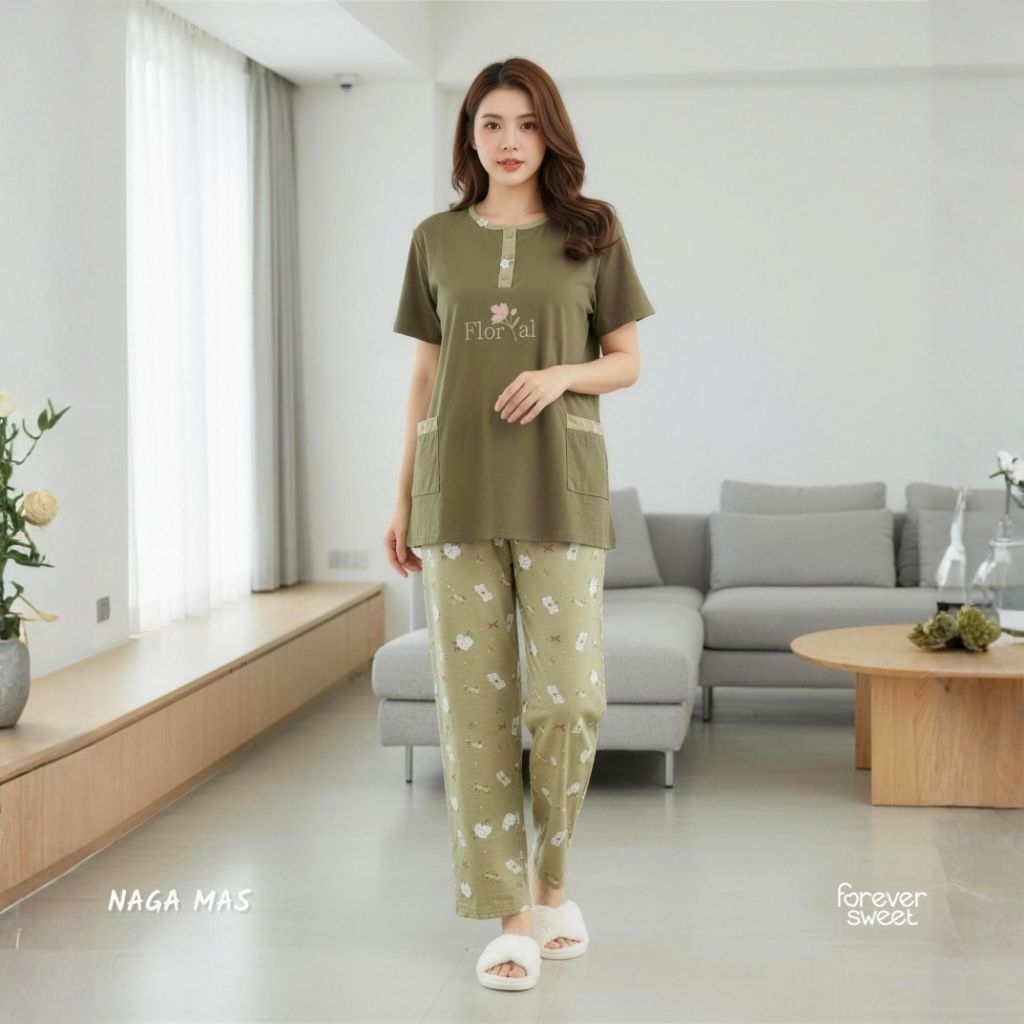 One Set Piyama Wanita Premium - Tangan Pendek Celana Panjang CP Mama Size | FOREVER SWEET