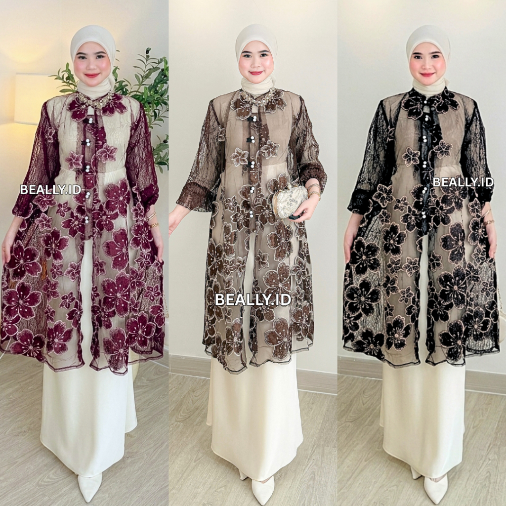 Outer Haira Tunik Brukat Bordir Motif Bunga | Outer Wanita Kondangan Lebaran Kekinian | Outer Lengan