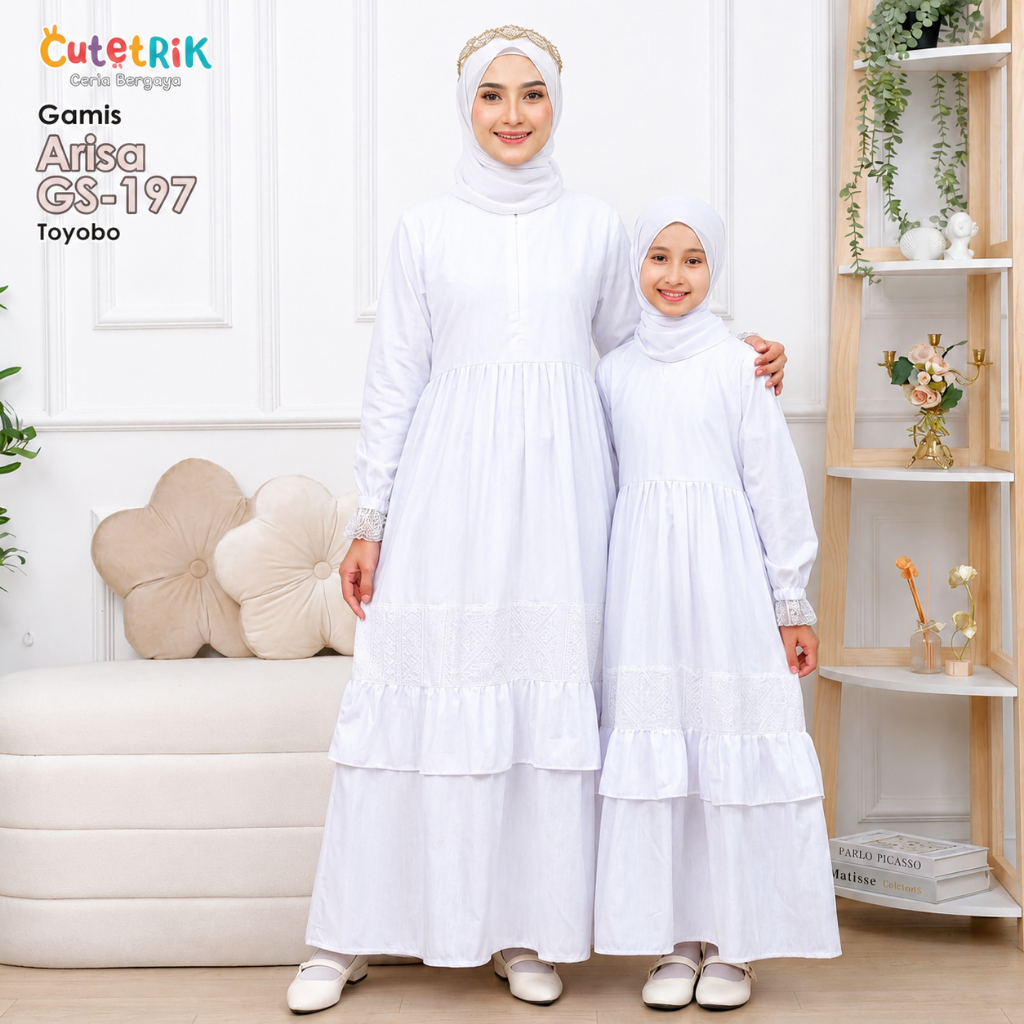 Couple Gamis Anak & Dewasa Putih Polos Model Kekinian,Ringan Adem Gamis Simple Premium Cutetrik