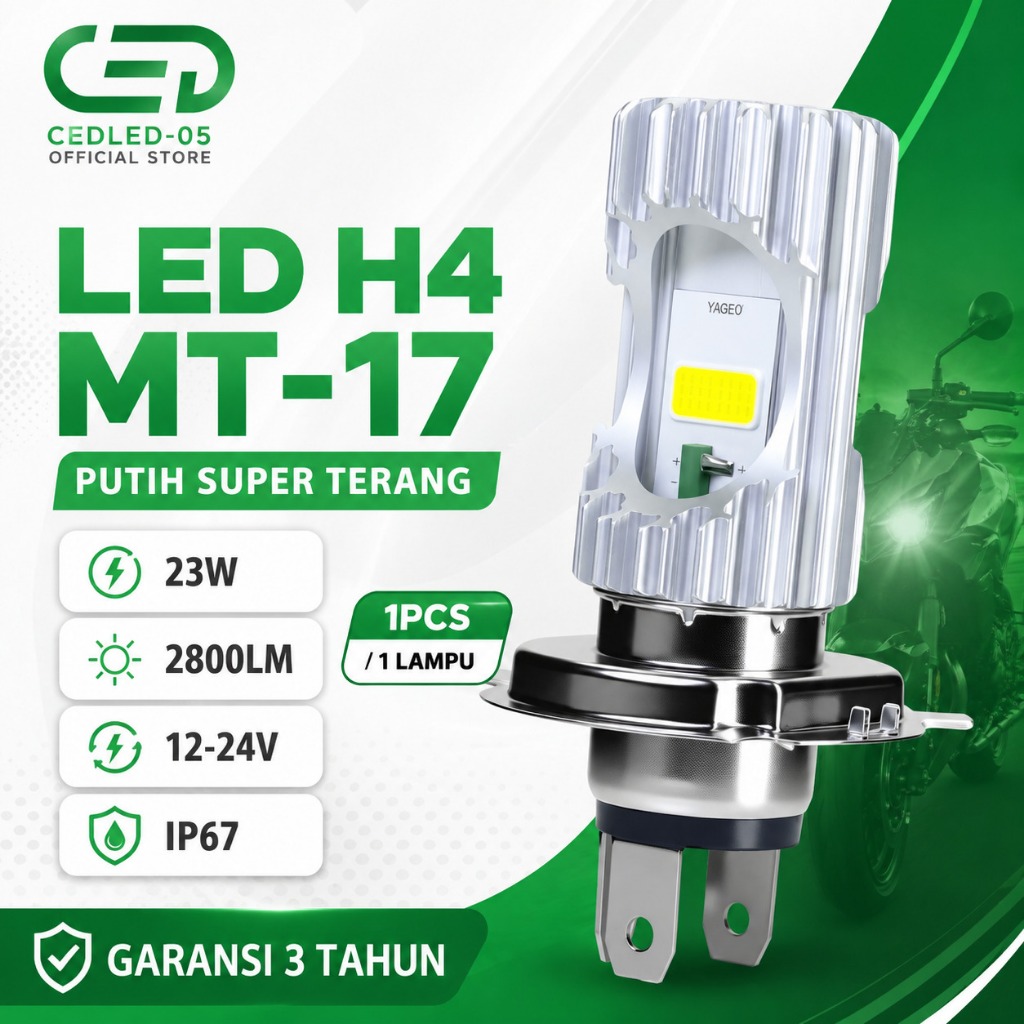 Lampu LED H4 Motor Mobil CED MT-17 Putih Super Terang 23W 2800LM 12-24V IP67 Plug & Play 1Pcs Untuk 