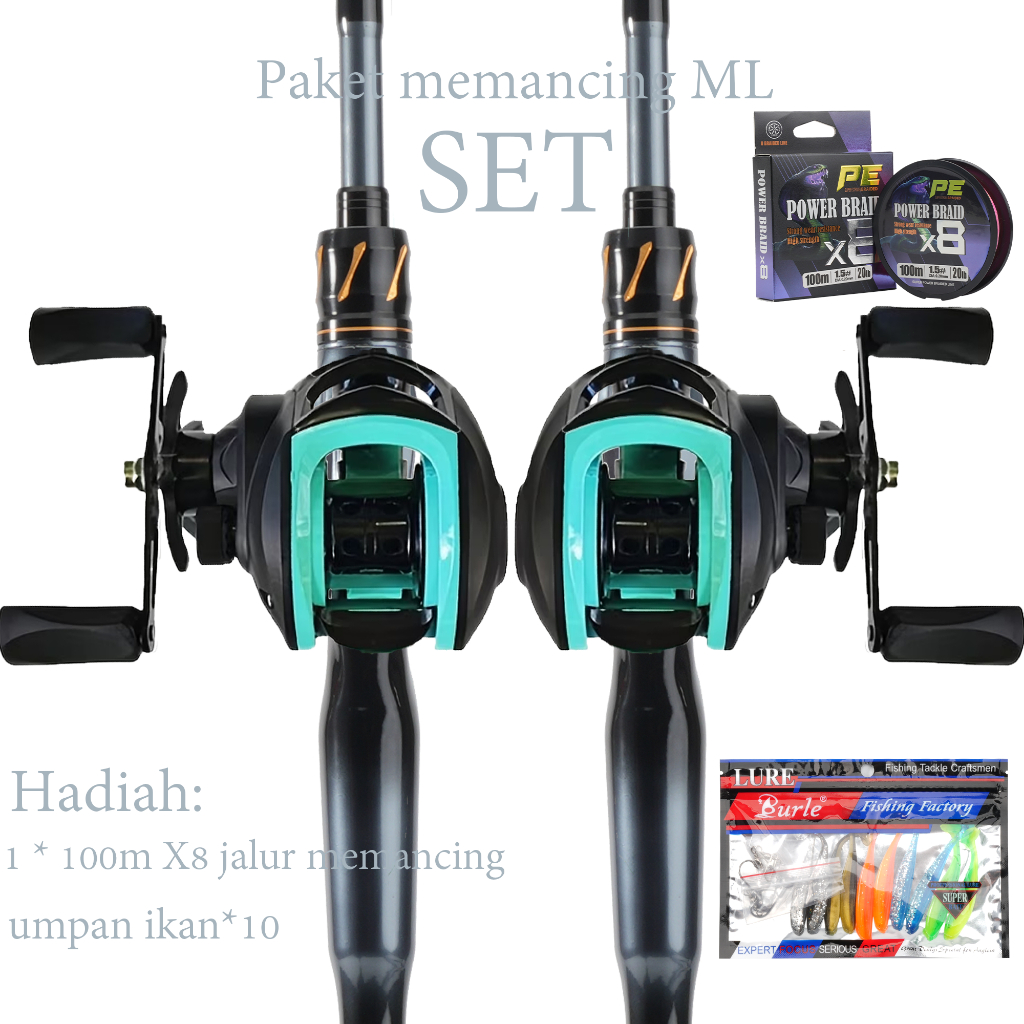 Paket Set Joran Pancing Carbon BC Merah Hitam 1.65m 1.8m 2.1m & Reel Baitcasting 18+1BB 7.2:1 Lengka