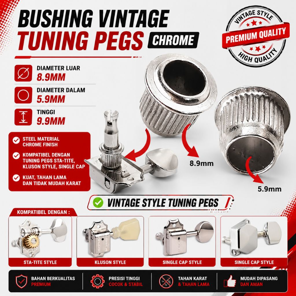 Bushing Steel Dryer Gitar Vintage Style Tuning Pegs Chrome‎