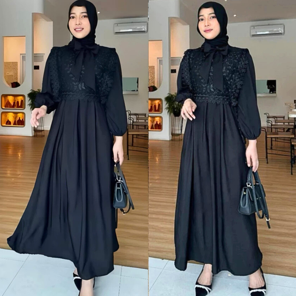 Syakila Gamis Satin mix Rompi Brukat | Set Dress Rompi 2in1 Mewah Kondangan Lebaran Bridesmaid Wanit