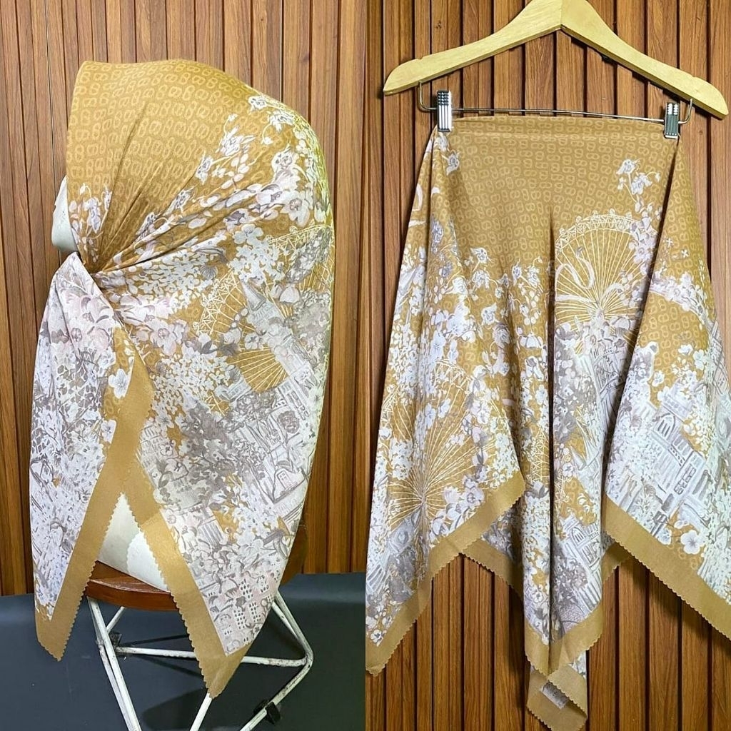 KERUDUNG SEGI EMPAT VOAL MOTIF MERLIN KUNING KECOKELATAN