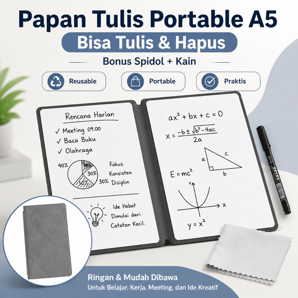 Papan Tulis Portable A5 Buku Catatan Whiteboard Bisa Dihapus Reusable Notebook Mini dengan Spidol da