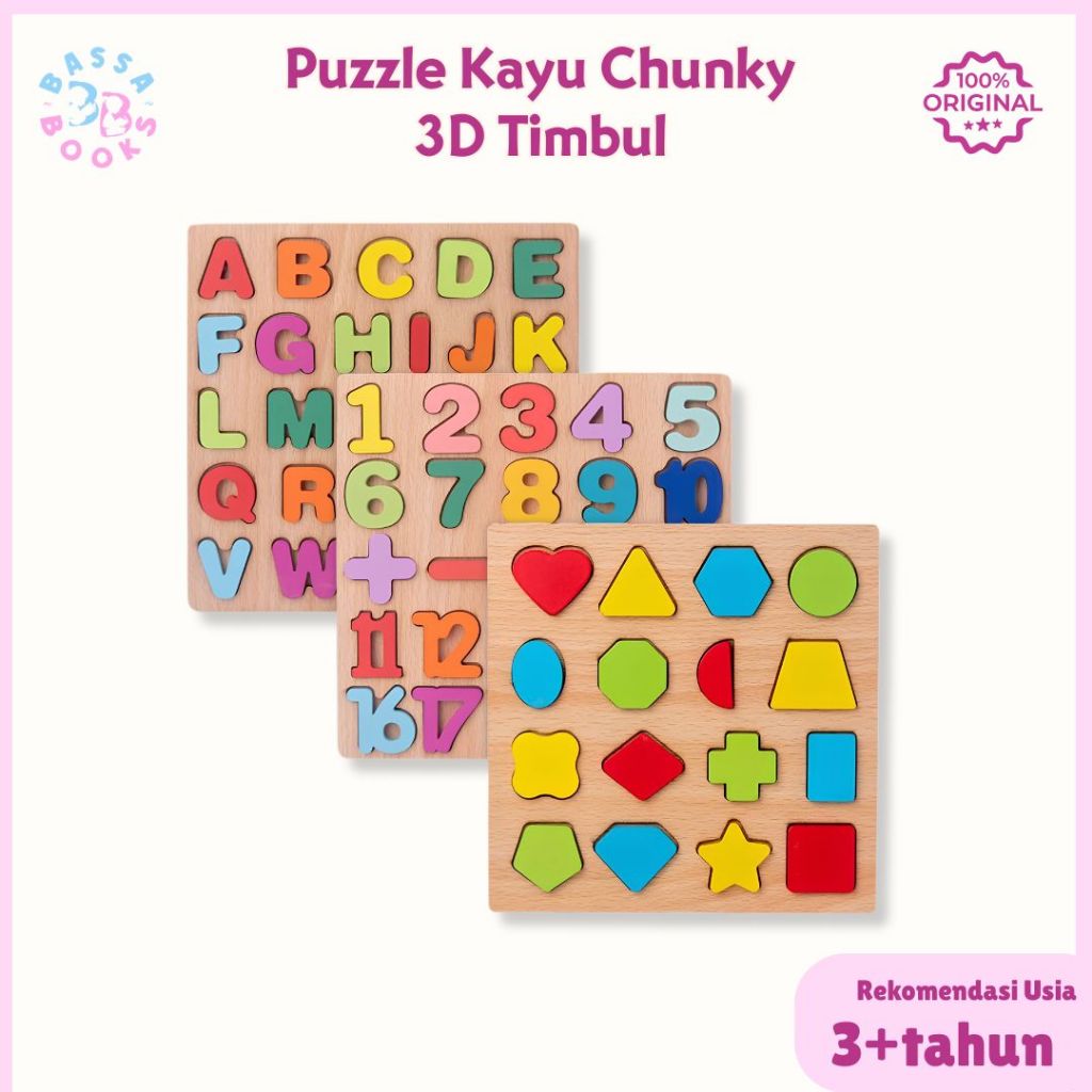Puzzle Kayu Chunky 3D Timbul Huruf Angka Bentuk Warna