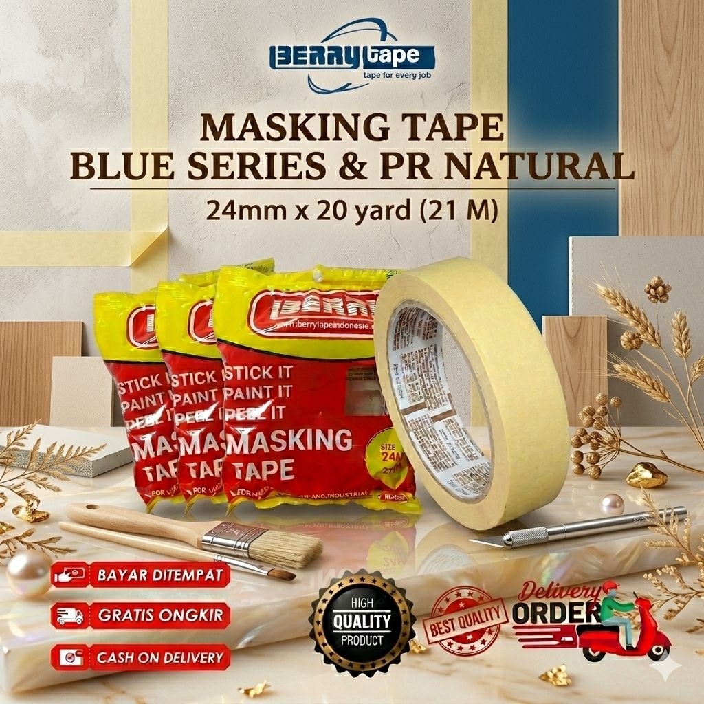 LAKBAN KERTAS MERK BERRY UKURAN 24MM - MASKING TAPE BERRY PR, ISOLASI KERTAS UKURAN 1 INCHI