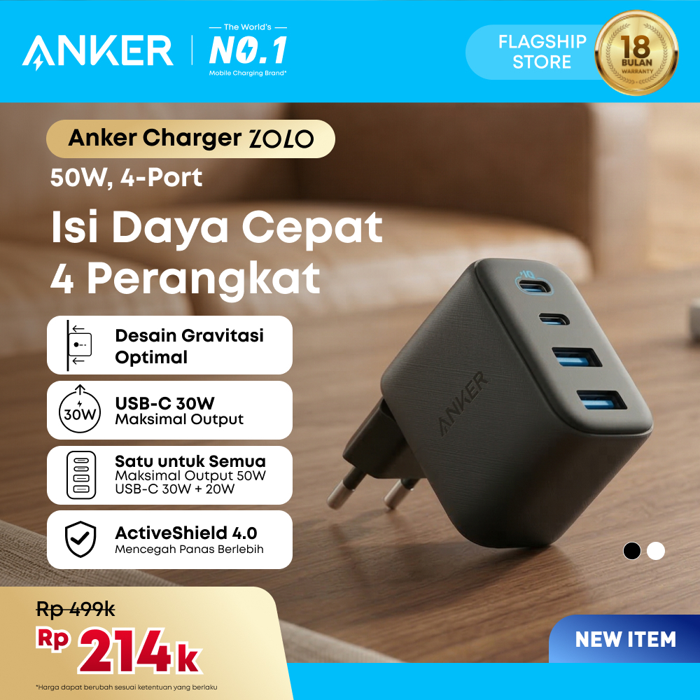 Anker Zolo USB C Charger Block 4-Port Wall Adapter with 50W Max Output 2 USB-C and 2 USB-A Compact a