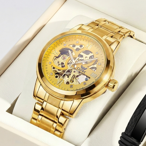 OPK Jam Tangan Automatic Pria Anti Air Original Luminous Stainless Steel Emas Men Watch Model 8165