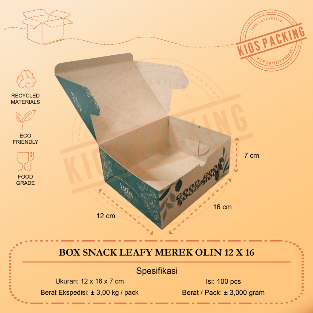 100pcs Box Snack Olin Eco Leafy 12x12 12x14 12x16 / Dus Kotak Kue Roti Motif 12 x 12 / 12 x 14 / 12 