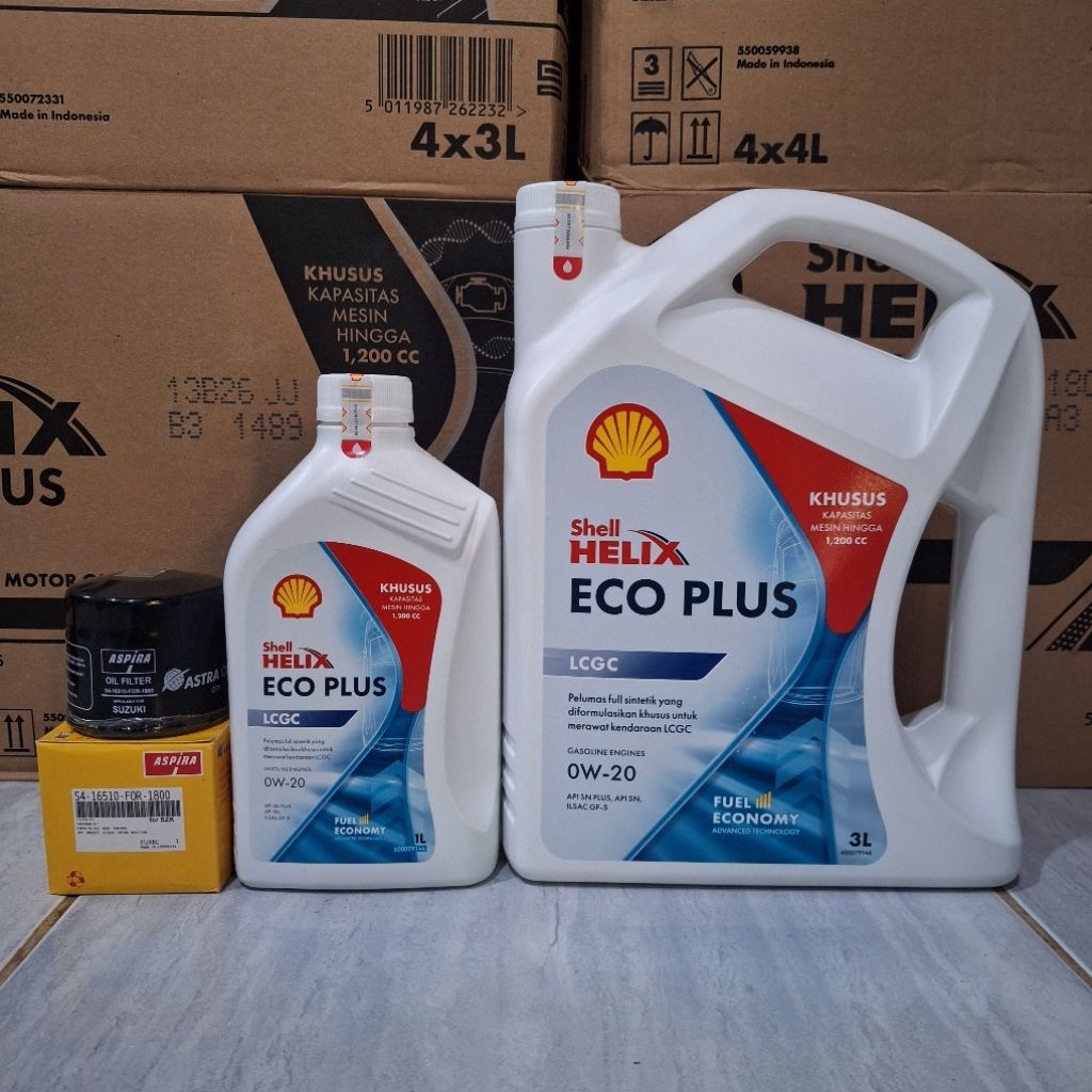 Paket Oli SHELL ECO PLUS 0W-20 4 Liter dan filter oli mobil SUZUKI Karimun, spresso, ertiga, XL7, ca