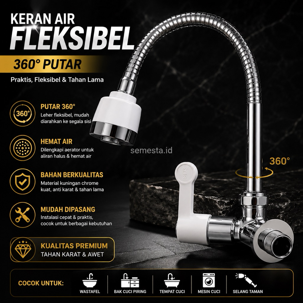 Kran Angsa Tembok WM1-W CHROME FLEXIBEL New Soligen | Keran Air Cuci Piring | Sink Dapur W1 W2 Putih