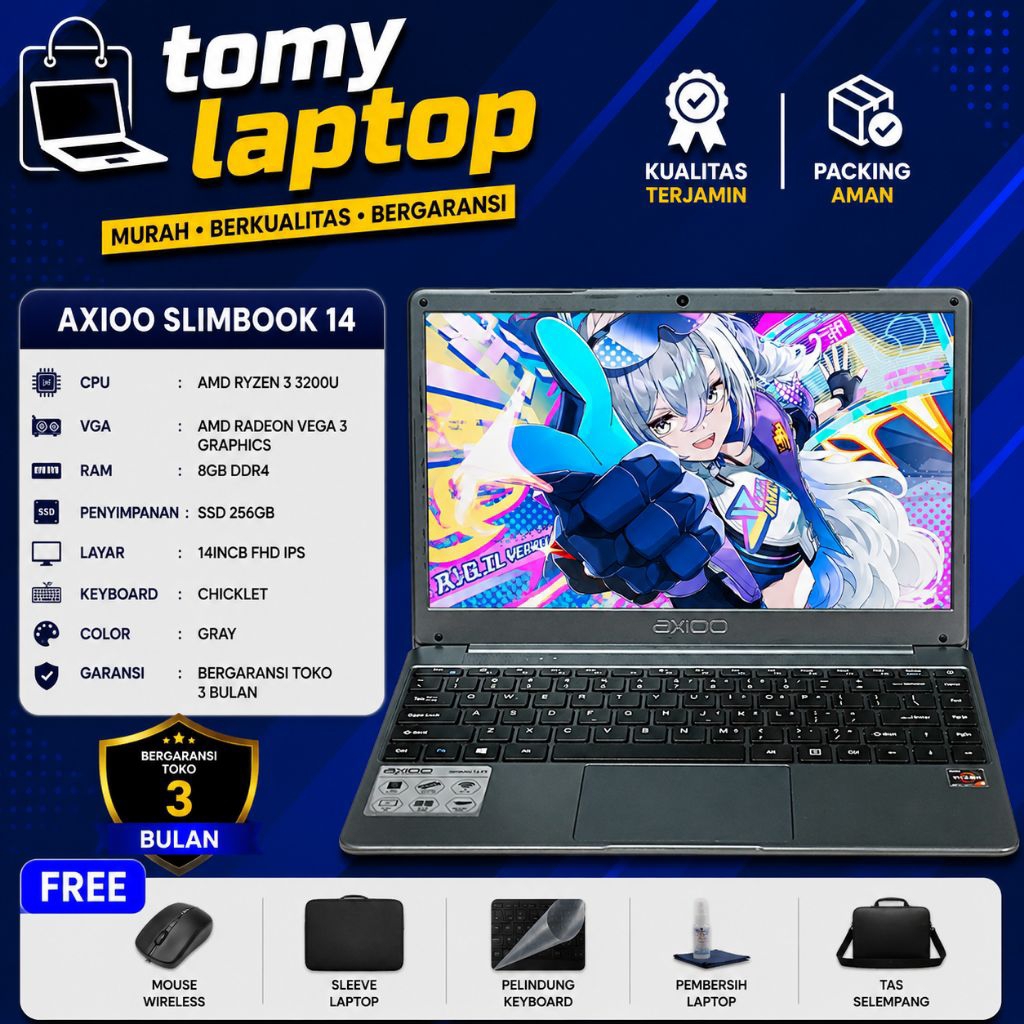 LAPTOP SECOND JAMINAN GARANSI TOKO AXIOO SLIMBOOK 14 AMD RYZEN 3 3200U AMD RADEON VEGA 3 GRAPHICS RA