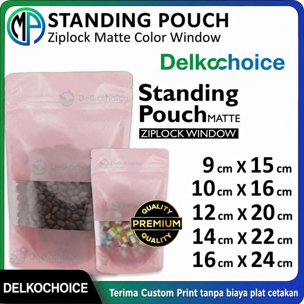 Kemasan Standing Pouch Matte Doff Window Ziplock PINK Plastik Klip Kemasan Makanan Harga Ecer Murah