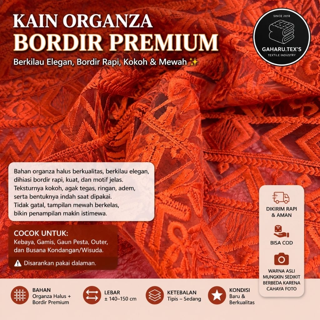 bahan organza bordir premium - organza bordir timbul - organza bordir meteran