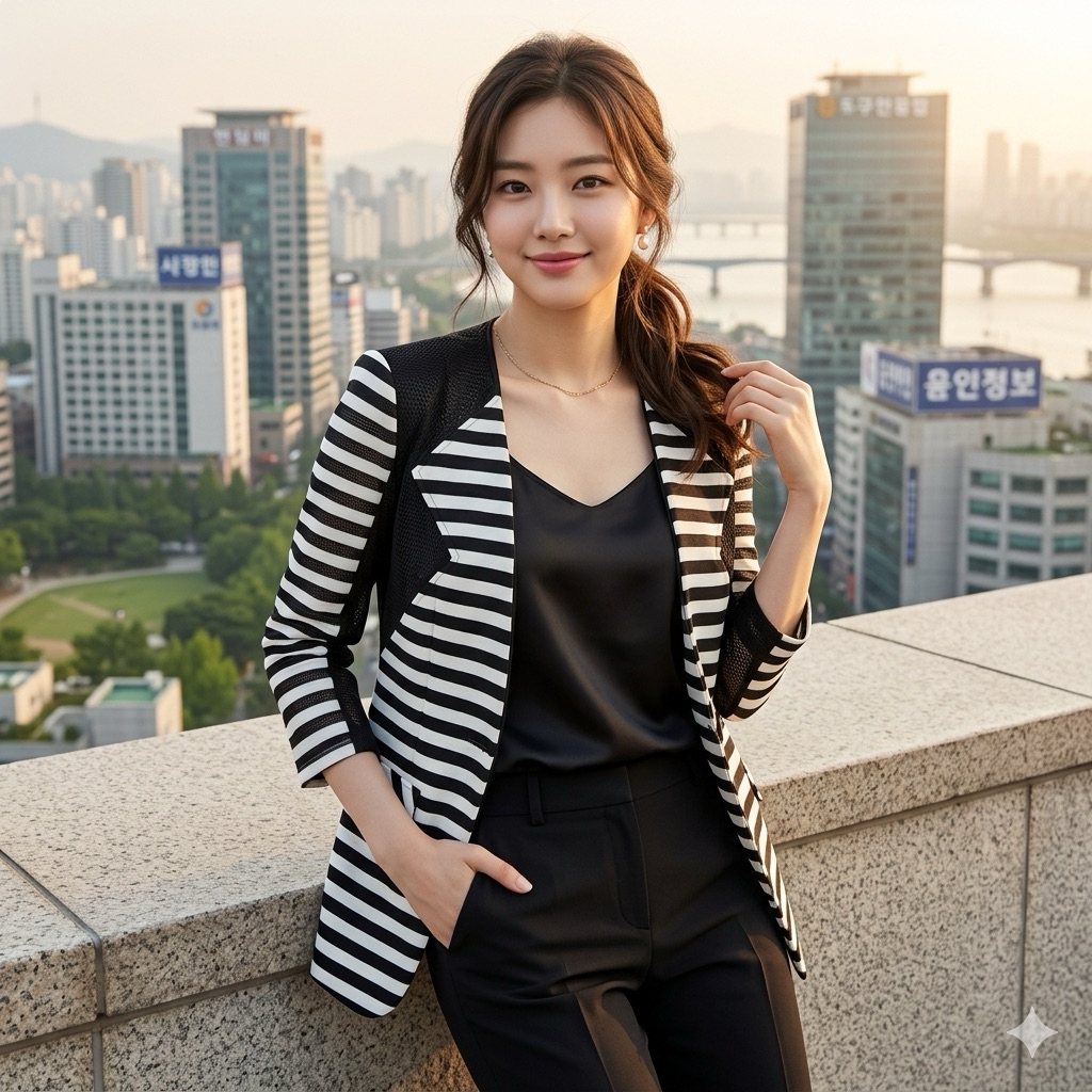 BL0071 Blazer Outer Salur Elegan LD 86 untuk Wanita dengan Desain Garis Hitam Putih Menarik Viral FY