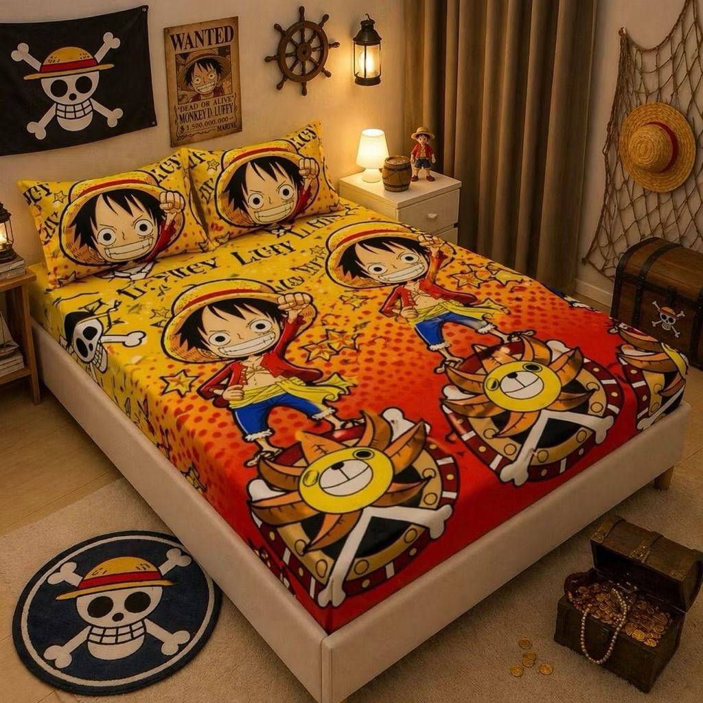 SPREI KARET KATUN PREMIUM 90/100/120/140/160/180/200 MOTIF anime one piece yellow kuning manga jepan