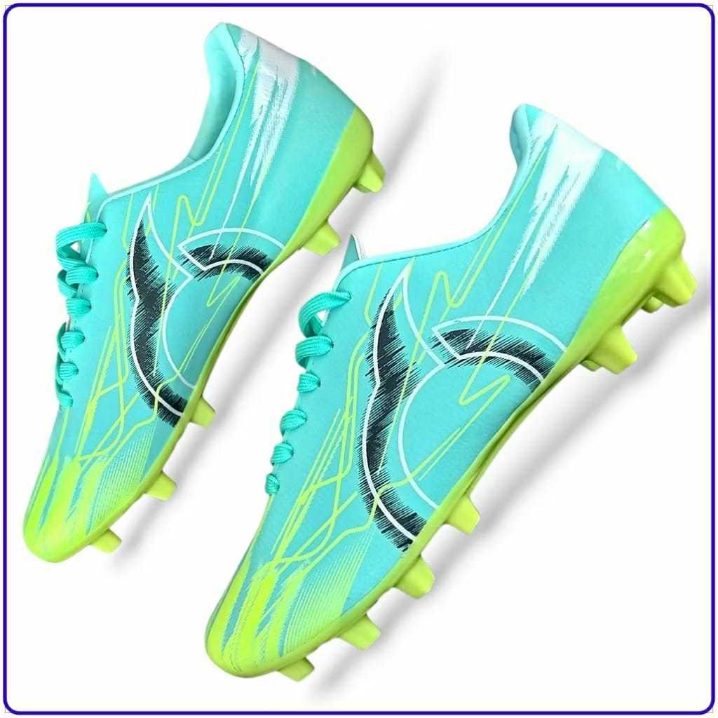 Sepatu Sepak Bola Stud Biru Muda Hijau Neon Dengan Desain Grafis Modern