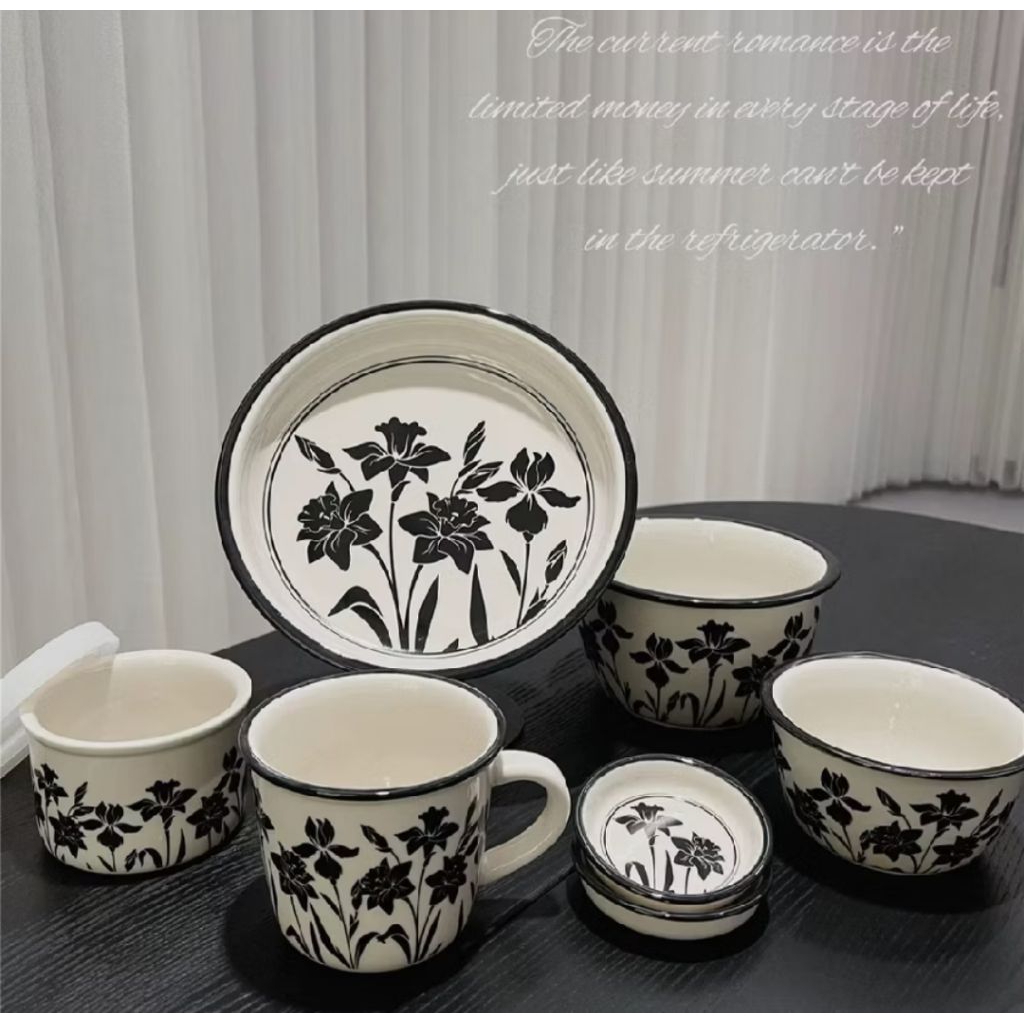 Piring Mangkung Gelas Mug Keramik Clasic Klasik Mewah Bunga Hitam Monogram Keramik Tebal