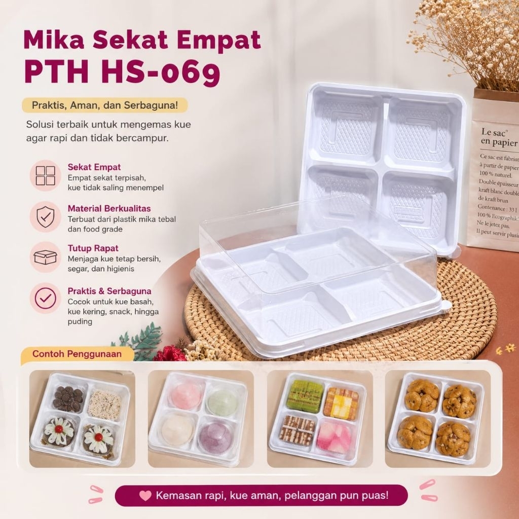 Mika Tray Mochi Sekat 4 / Mika Puding Mini alas segiempat putih susu + tutup @10pcs