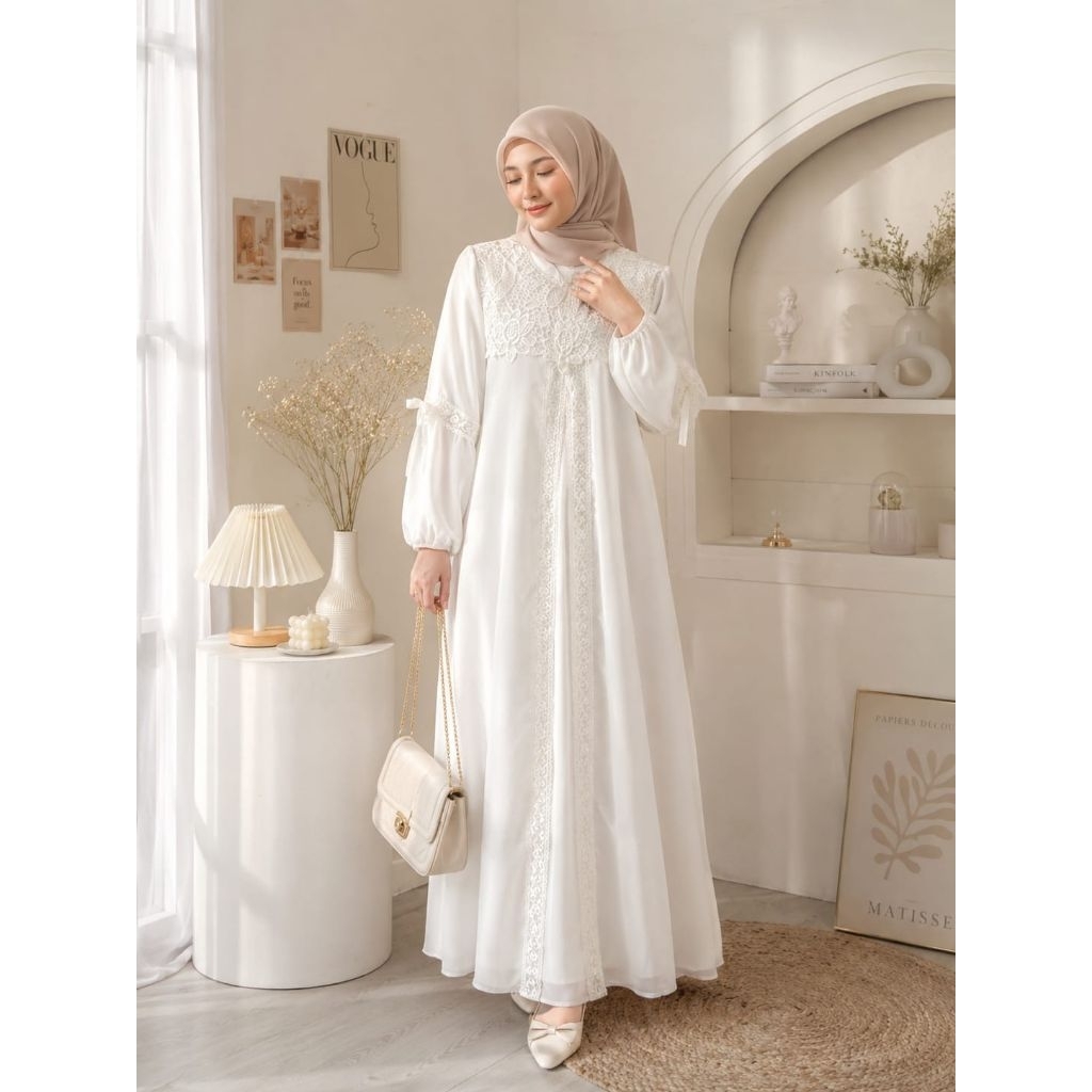 Baju Gamis Brukat Premium Putih Tulang Busana Umroh Lebaran Murah