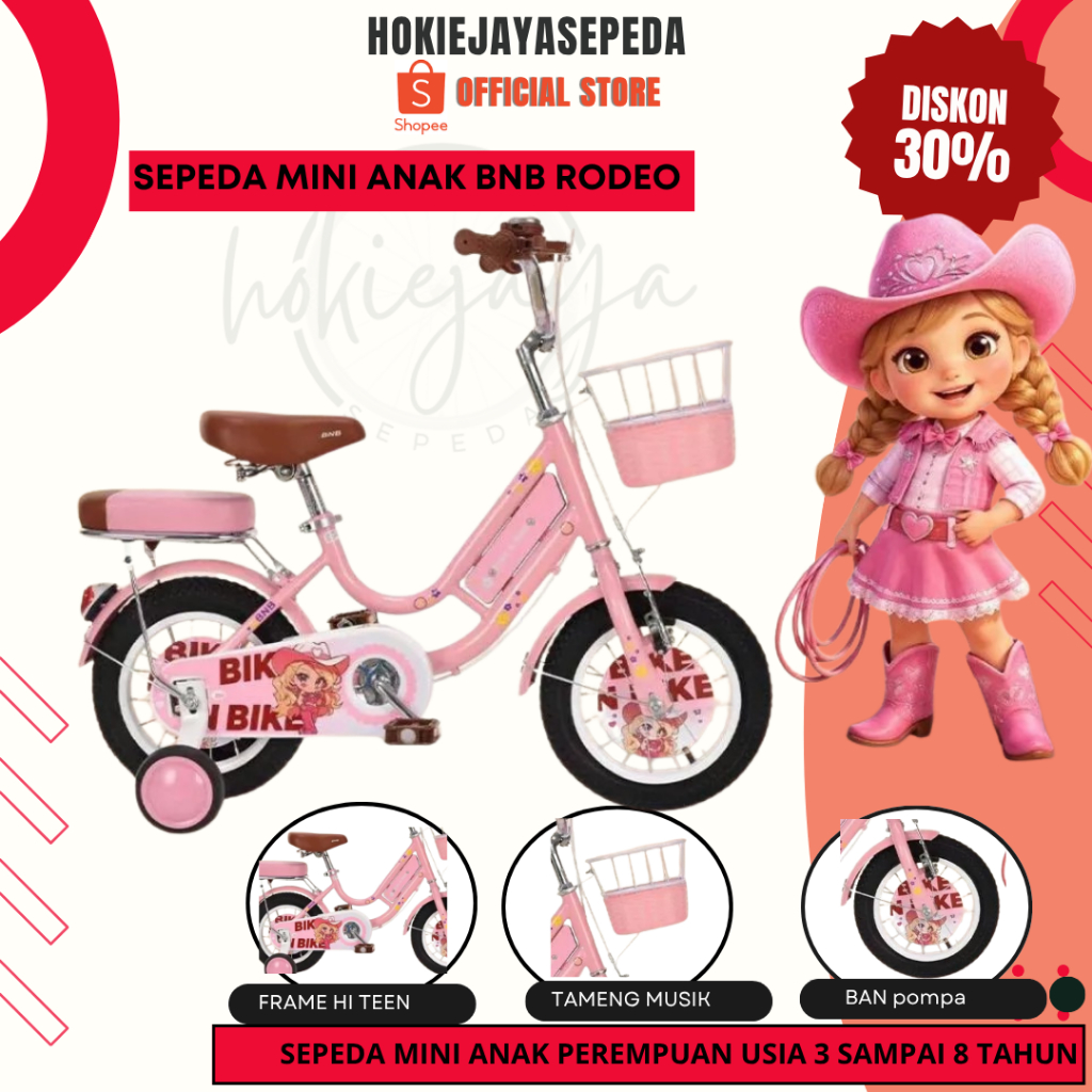 Sepeda Anak Perempuan BNB RODEO 12 16 18 INCH Kranjang - Boncengan - roda samping mini cewek CTB  us