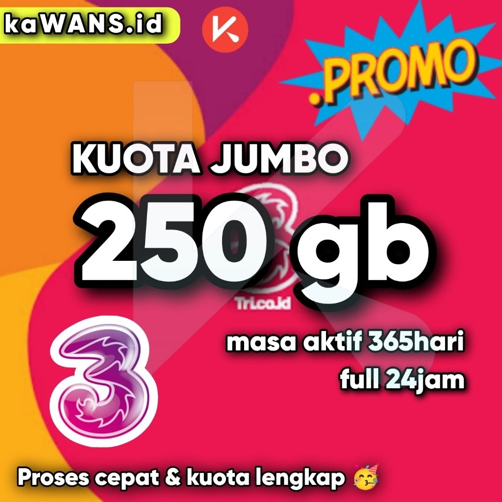 paket Kuota Internet tri 3 250gb 100gb masa aktif 1tahun FULL 24JAM NASIONAL