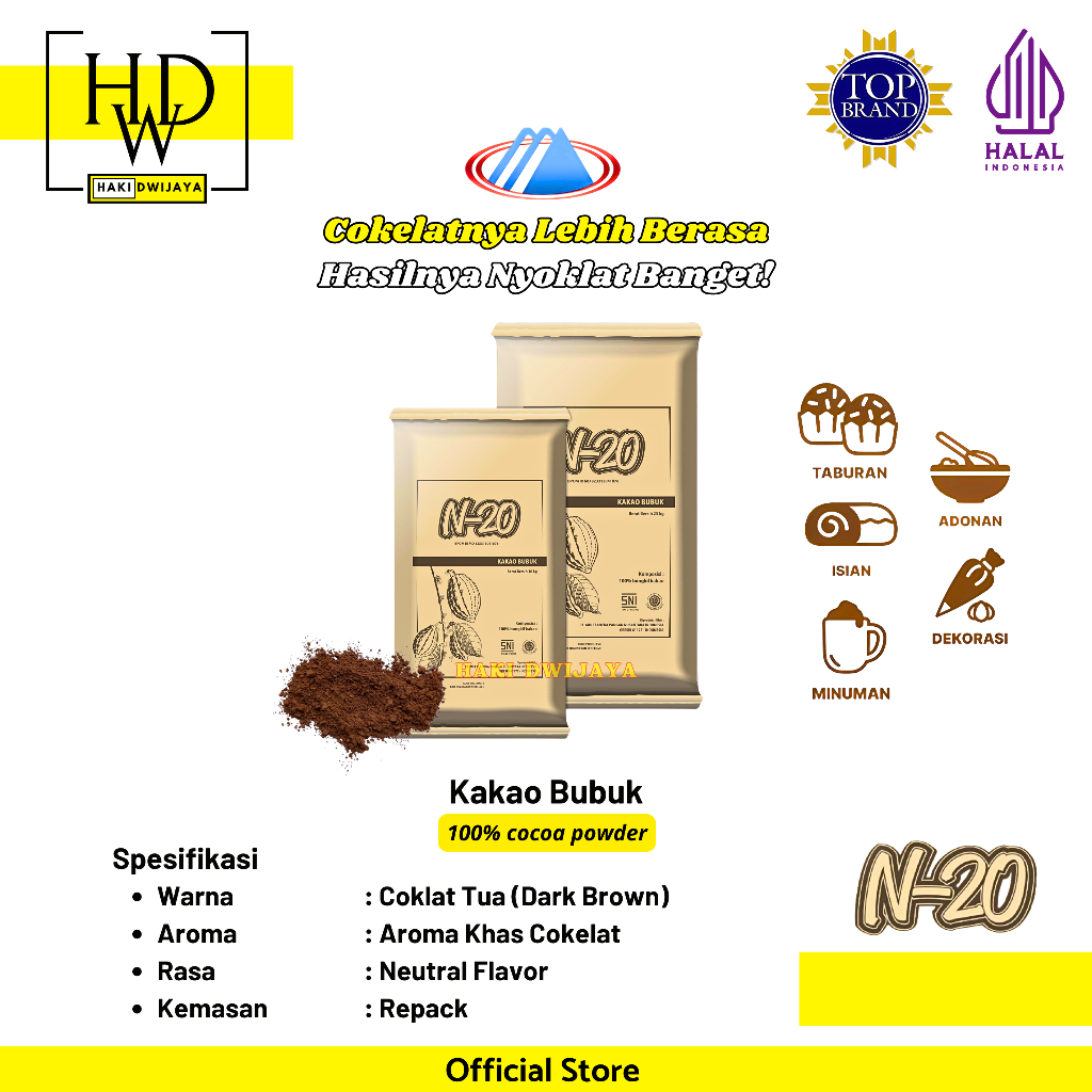 Kakao Bubuk N-20 Cocoa Powder Dark Brown Premium untuk Baking, Minuman & Dessert Kemasan Repack