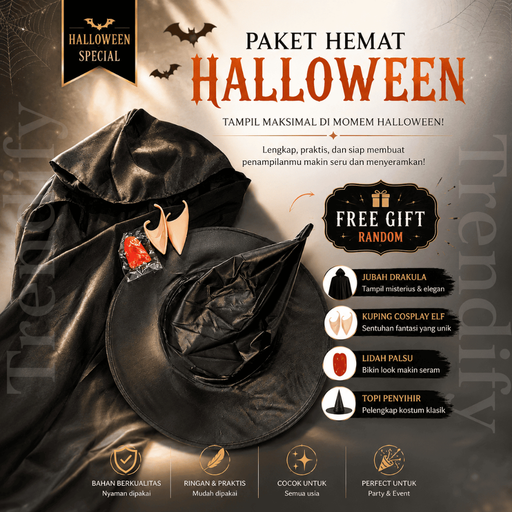 trendify30_SET halloween/paket hemat 4pcs/jubah drakula,lidah palsu,kuping cosplay elf,topi penyihir