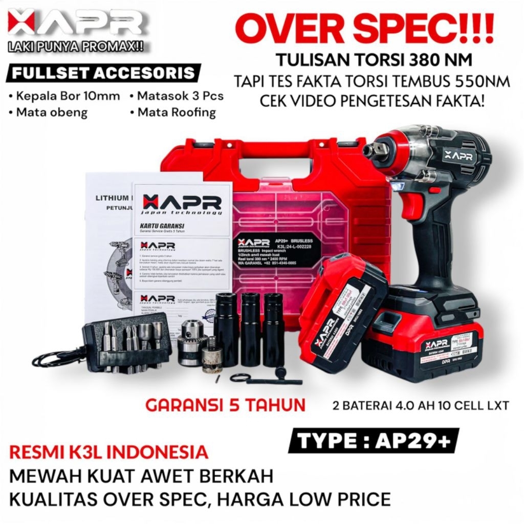 XAPR raja impact wrench type AP29+ 550nm 2 baterai lxt FULLSET ASESORIS mesin pembuka baut roda beng