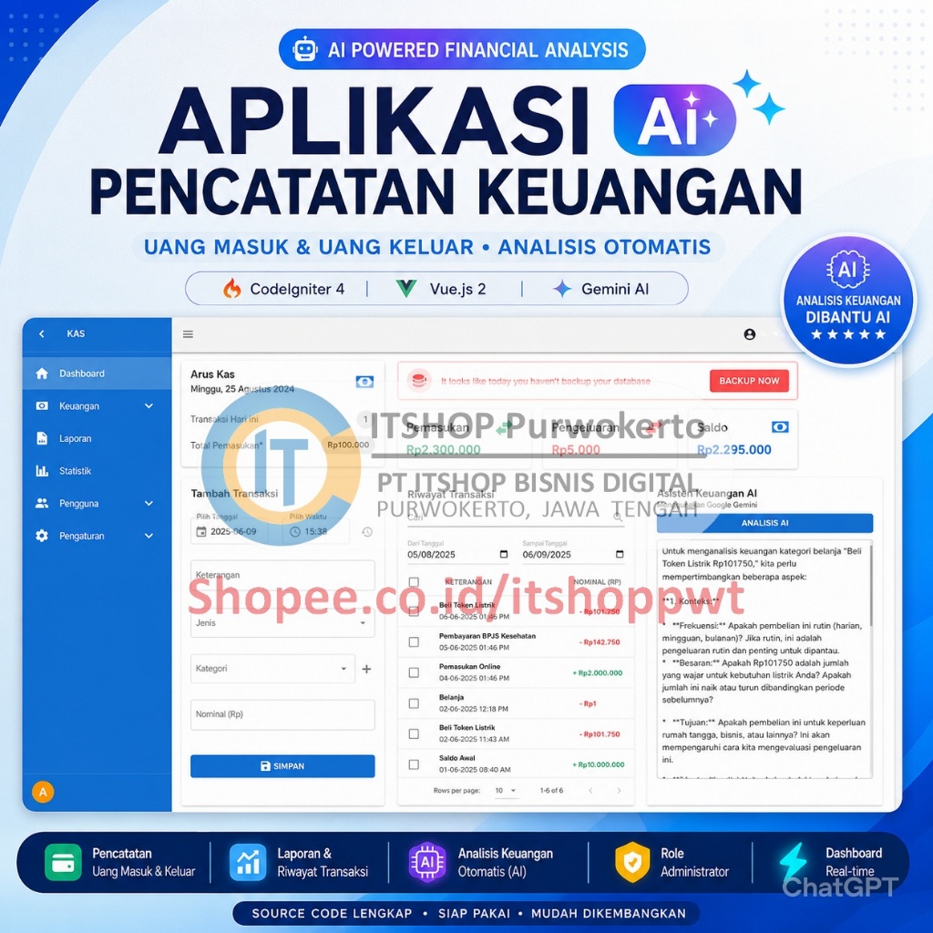 Source Code Aplikasi Web Pencatatan Kas Cashflow menggunakan Codeigniter 4 CI4 MySQL Vuejs
