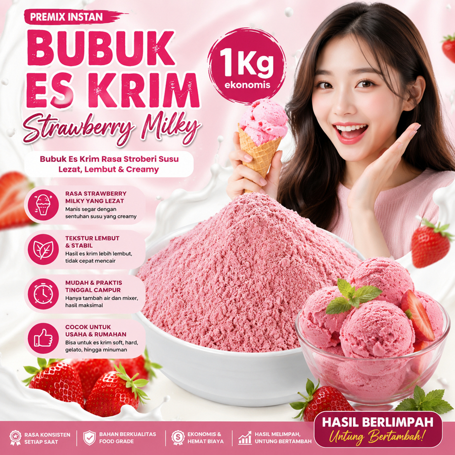 Bubuk Es Krim  Strawberry Milky 1 Kg l Serbuk Ice Cream Stroberi 1Kg Kiloan Bahan Instan Premix Soft