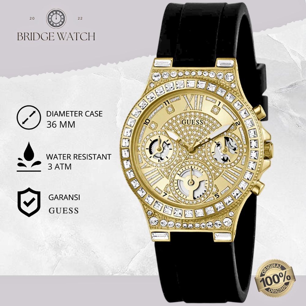 Jam Tangan Wanita Guess Moonlight Glitz GW0257L1 Original Chronograph Black Rubber Gold Dial Mewah C