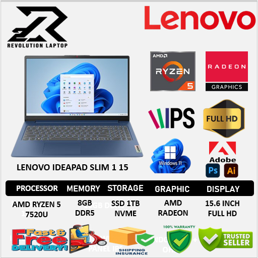 Laptop Lenovo Ideapad Slim 1 15 Amd Ryzen 5 7520U 8GB  1TB SSD FHD Windows 11 Home