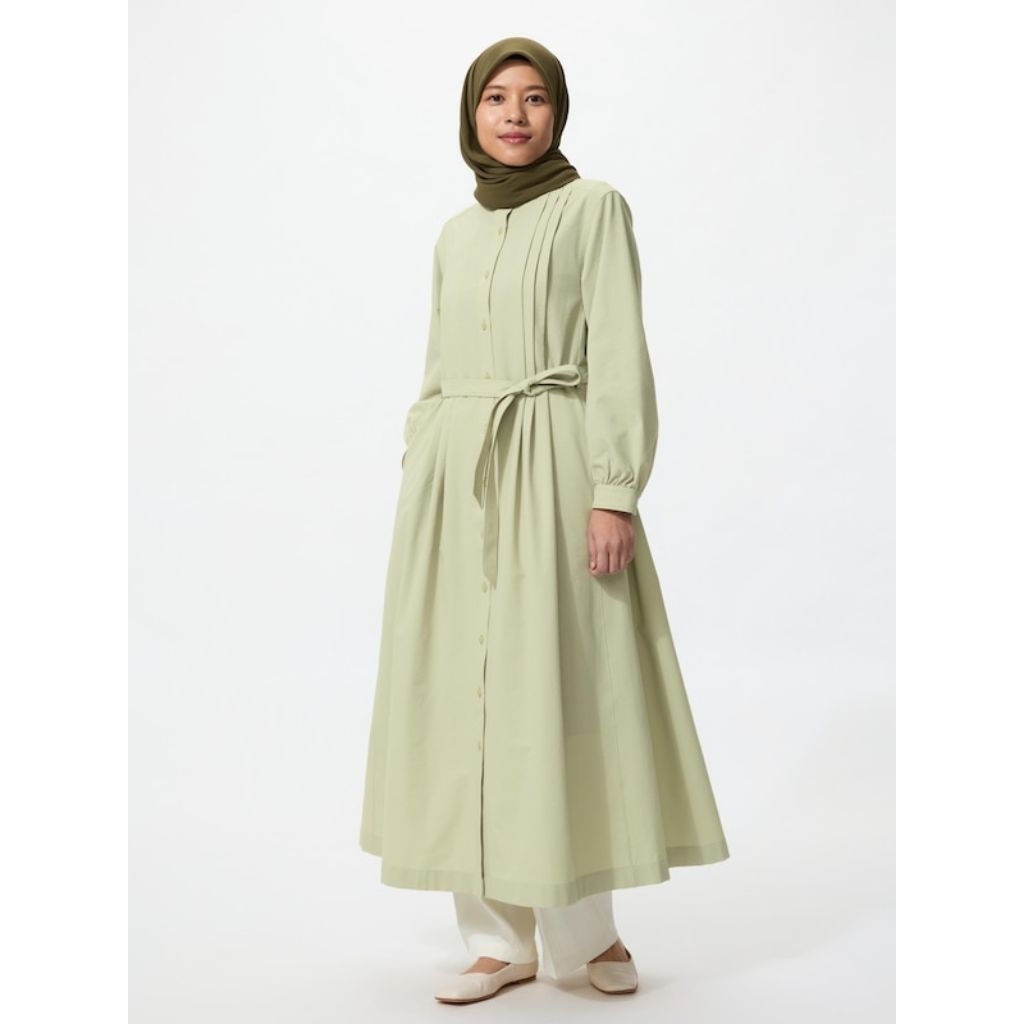 UNIQLO Dress Gaun Kemeja Seersucker A Line Lengan Panjang ORIGINAL Jastip